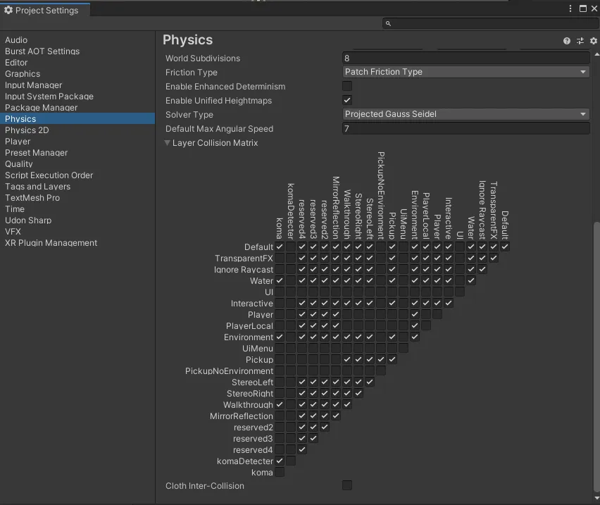 Physics の Layer Collision Matrix の設定